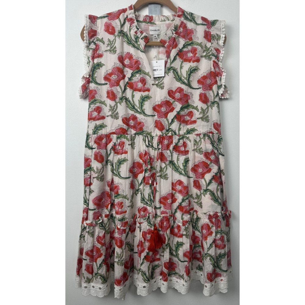 NEW Charlee Boho Floral Dress size XL Lined Pockets Cotton $178 Ruffle A44 - Picture 2 of 9